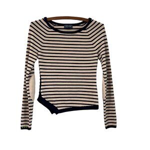 Gryphon Womens Beige Navy Striped Elbow Patch Wool Blend Pullover Sweater XS